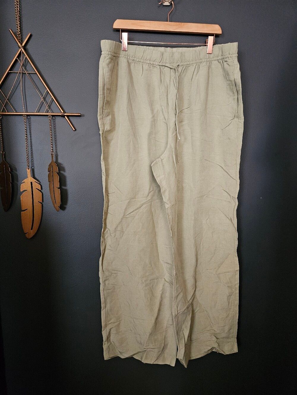 H&M Linen Blend Wide Leg Cargo Pants Sage Green XL NWT